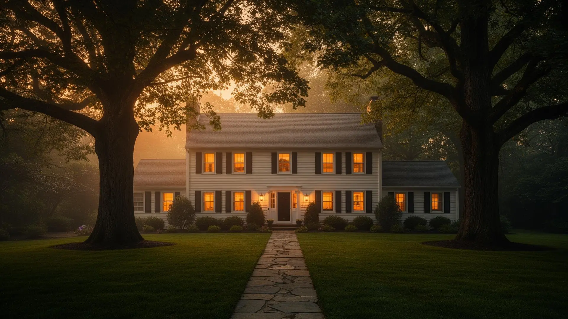 Suburban Montgomery County colonial home at golden hour